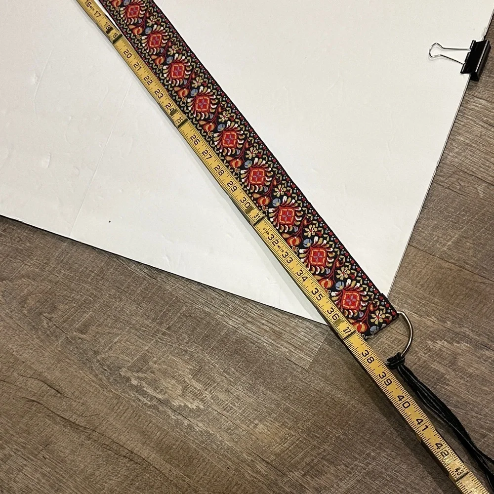 Colorful Bohemian embroidered floral Belt with Black Leather suede Ties 32-46”